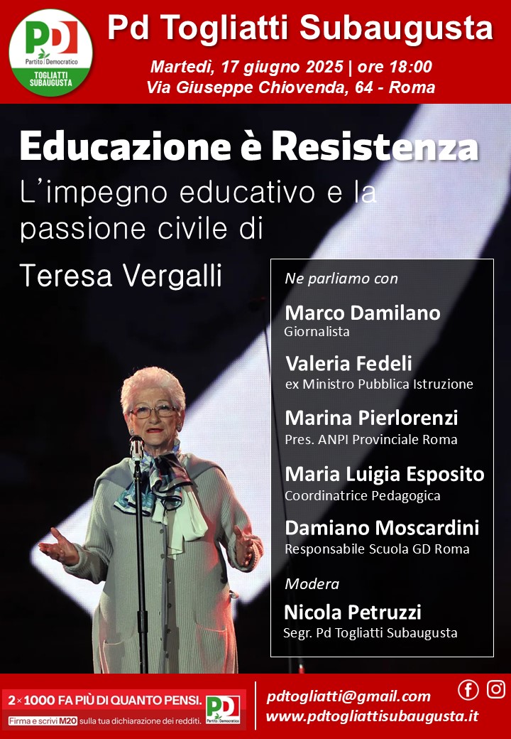 Educazione è Resistenza: il PD Togliatti Subaugusta ricorda Teresa Vergalli