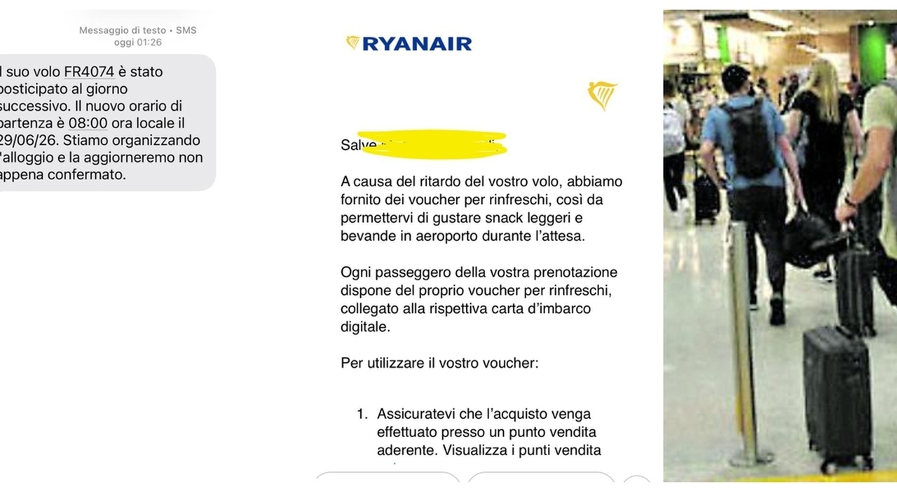 Volo Ryanair rinviato, notte in aeroporto per i passeggeri: niente albergo ma un voucher di 4 euro